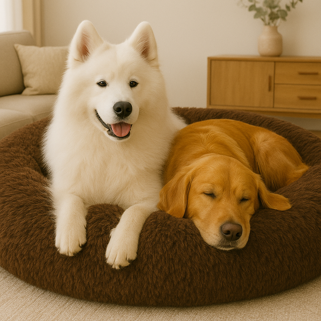 Braunes Hundebett aus Plüsch – waschbar und rutschfest für jeden Boden.