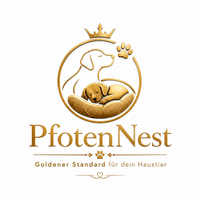 Logo of PfotenNest with a gold design featuring a dog and paw on a white background.