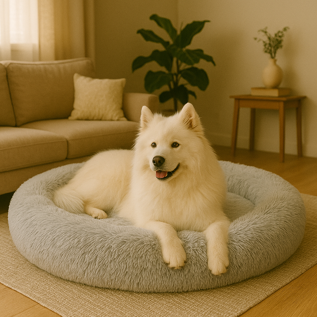 Donut Hundebett in Grau – waschbar und weich, perfekt für kleine Hunde.