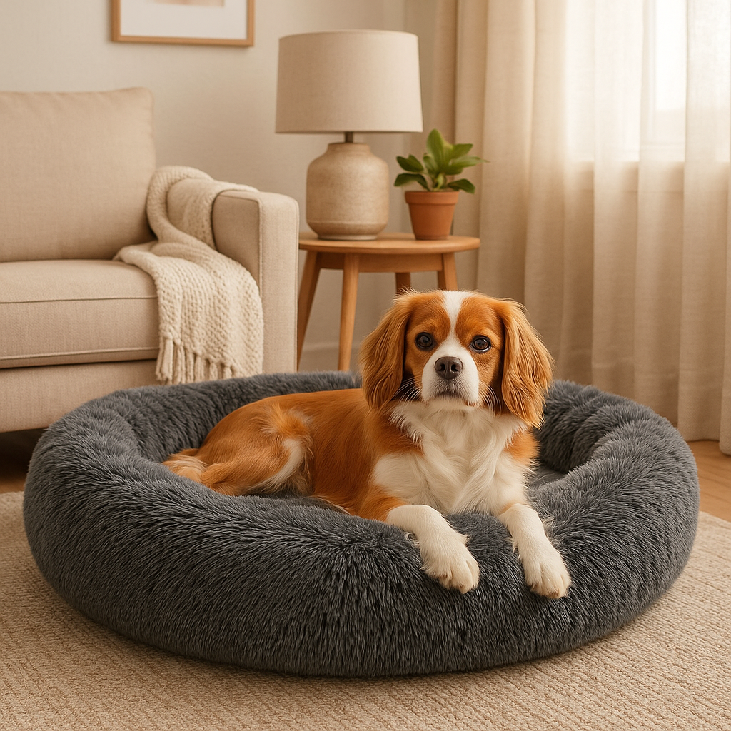 Kleiner Hund schläft gemütlich im flauschigen Wolke 7 Hundebett in runder Form