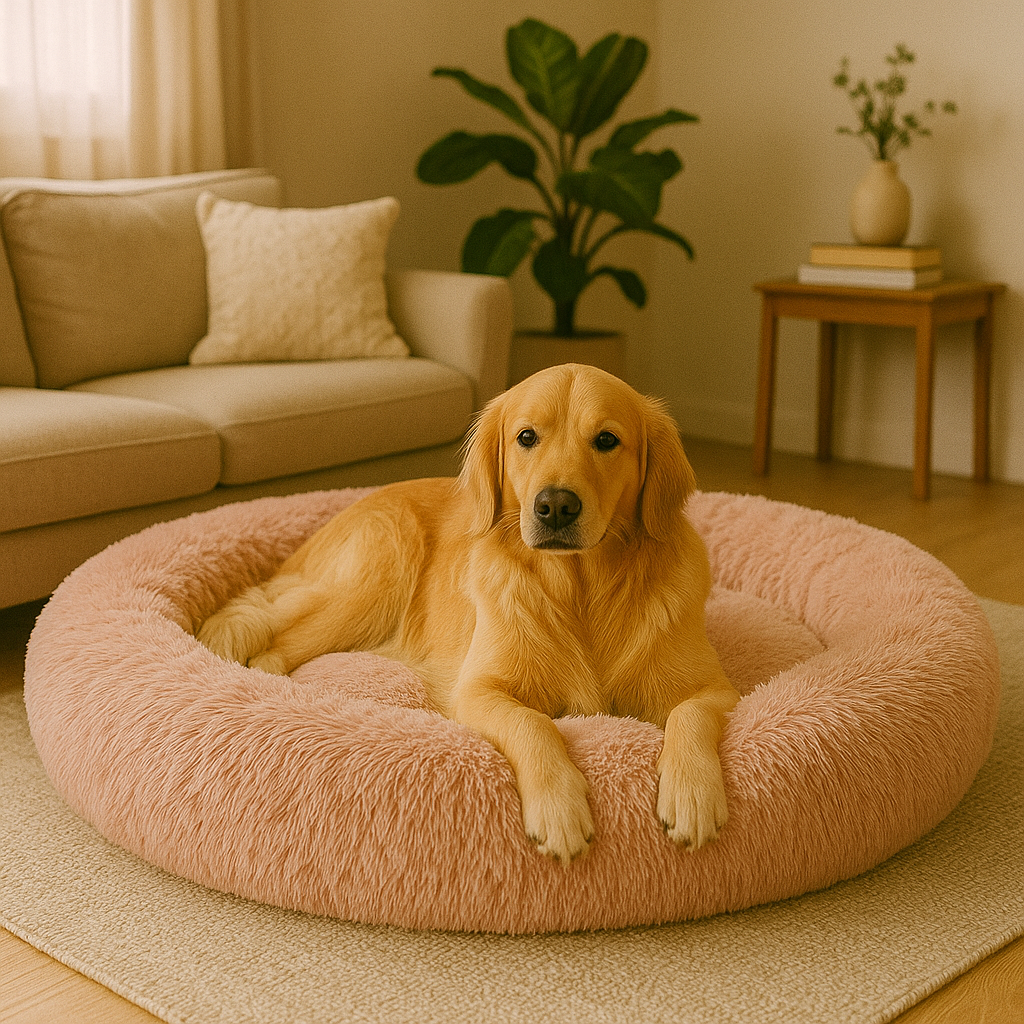 Beiges Kuschelbett Wolke 7 mit hohem Rand – Hund ruht zufrieden im Wohnzimmer.
